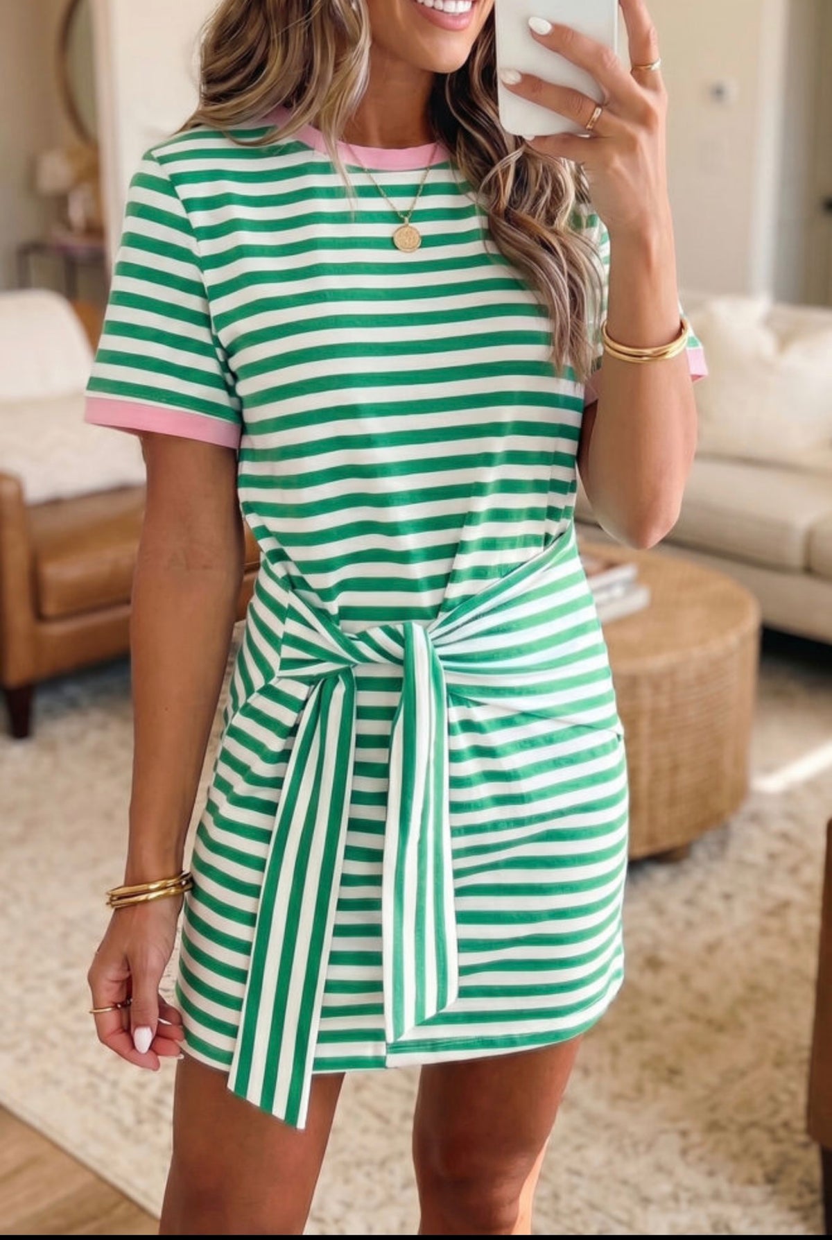 Nautical Tie Dress in Green with Pink Trim