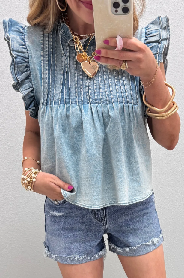 Beau Blue Ruffle Pleated Detail Vintage Washed Denim Top