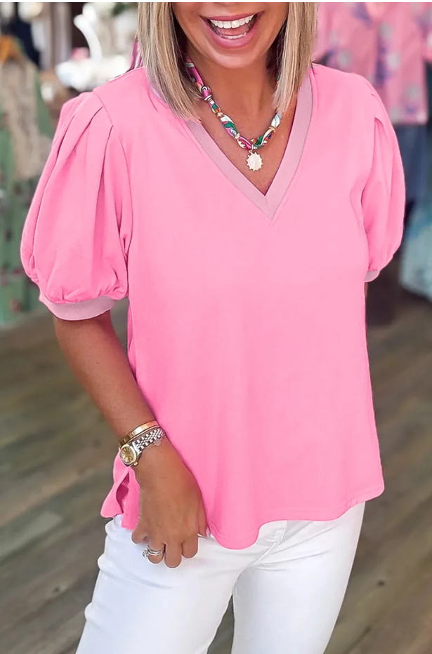 Bonbon V Neck Pleated Short Puff Sleeve Blouse