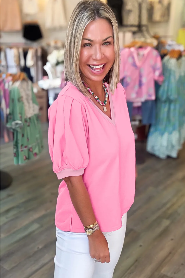 Bonbon V Neck Pleated Short Puff Sleeve Blouse