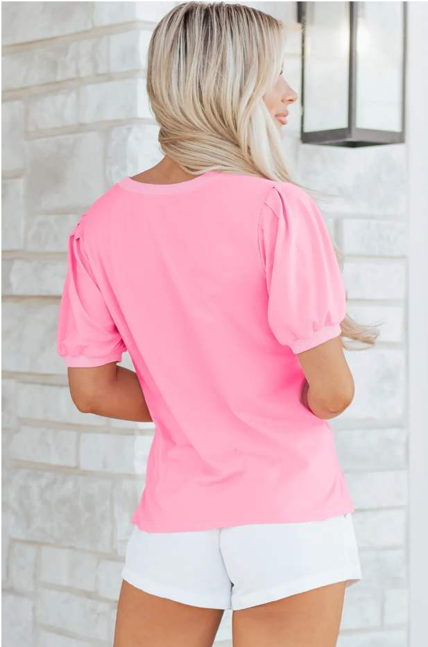 Bonbon V Neck Pleated Short Puff Sleeve Blouse