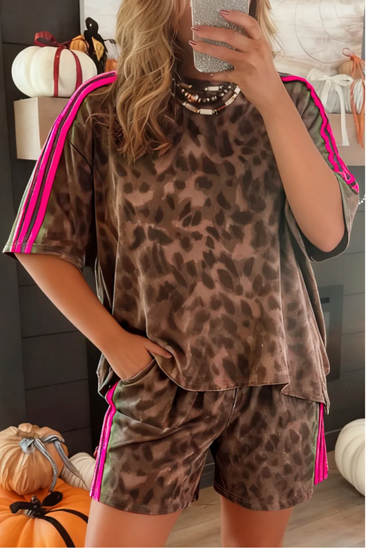 Brown Contrast Striped Accent Leopard Short Set
