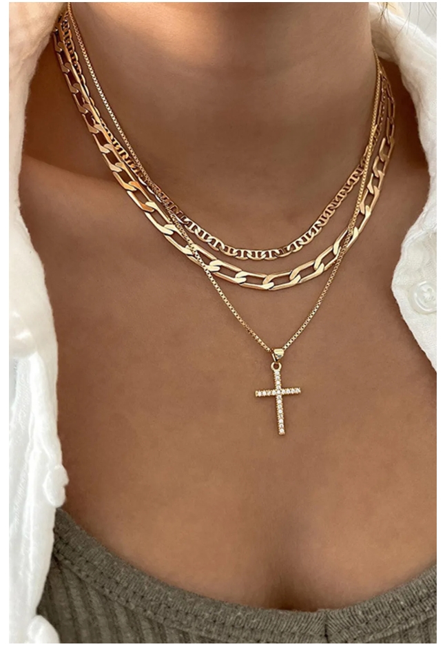 Gold Plated Cross Pendant Multi Layer Stacked Chains Necklace