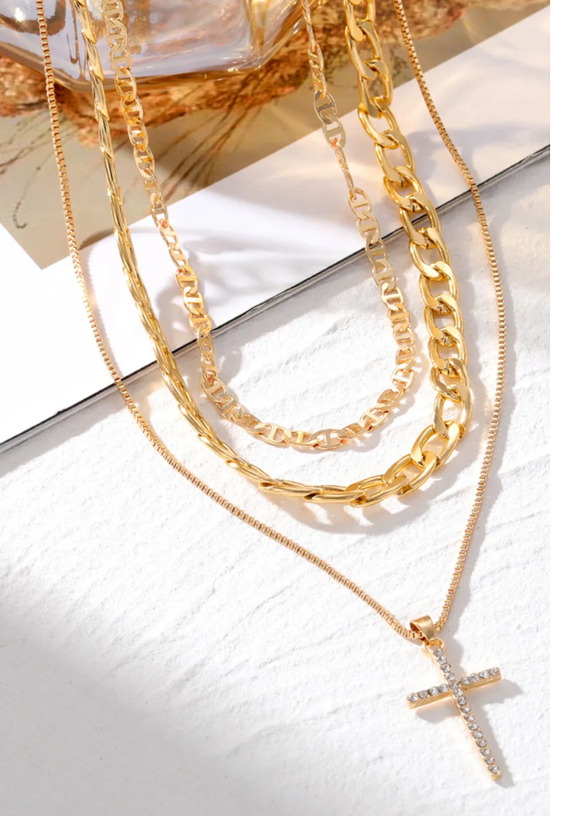 Gold Plated Cross Pendant Multi Layer Stacked Chains Necklace