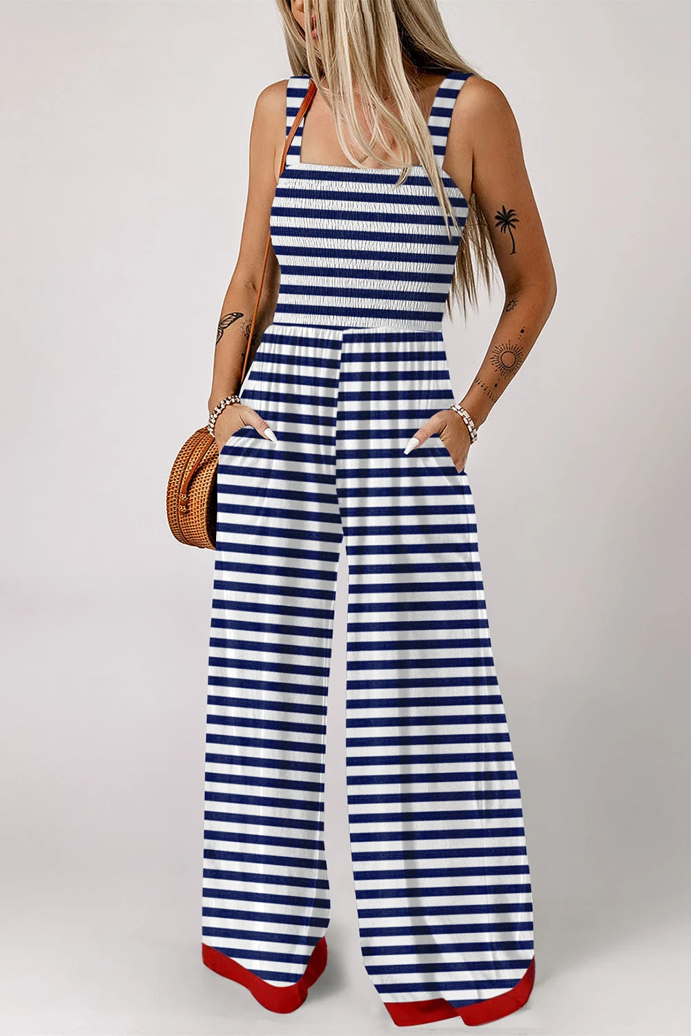 Stripe Square Neck Shirred Wide Leg Jumpsuit