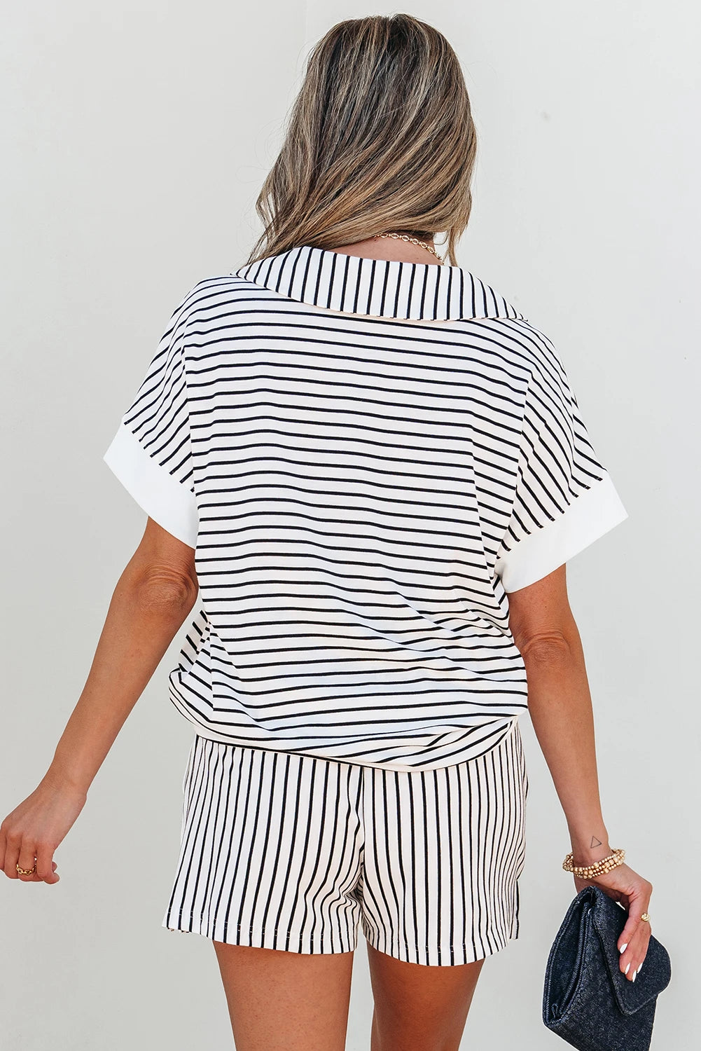 Black stripe V-neck casual short set