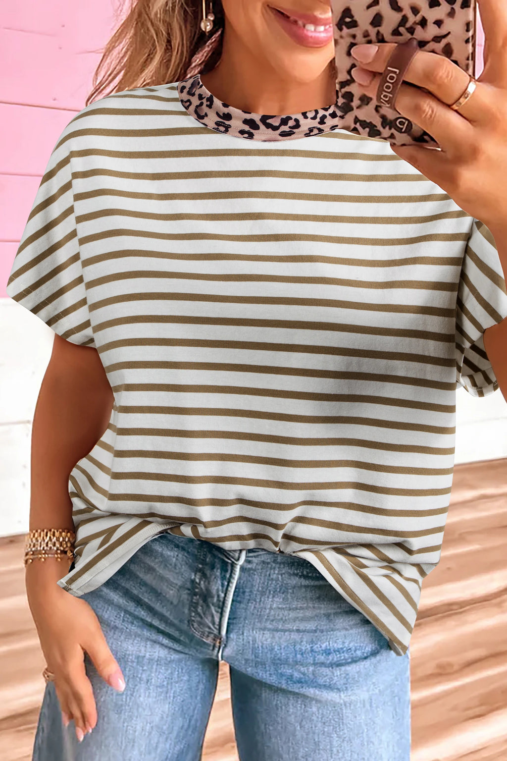 Leopard Neck Striped Tee