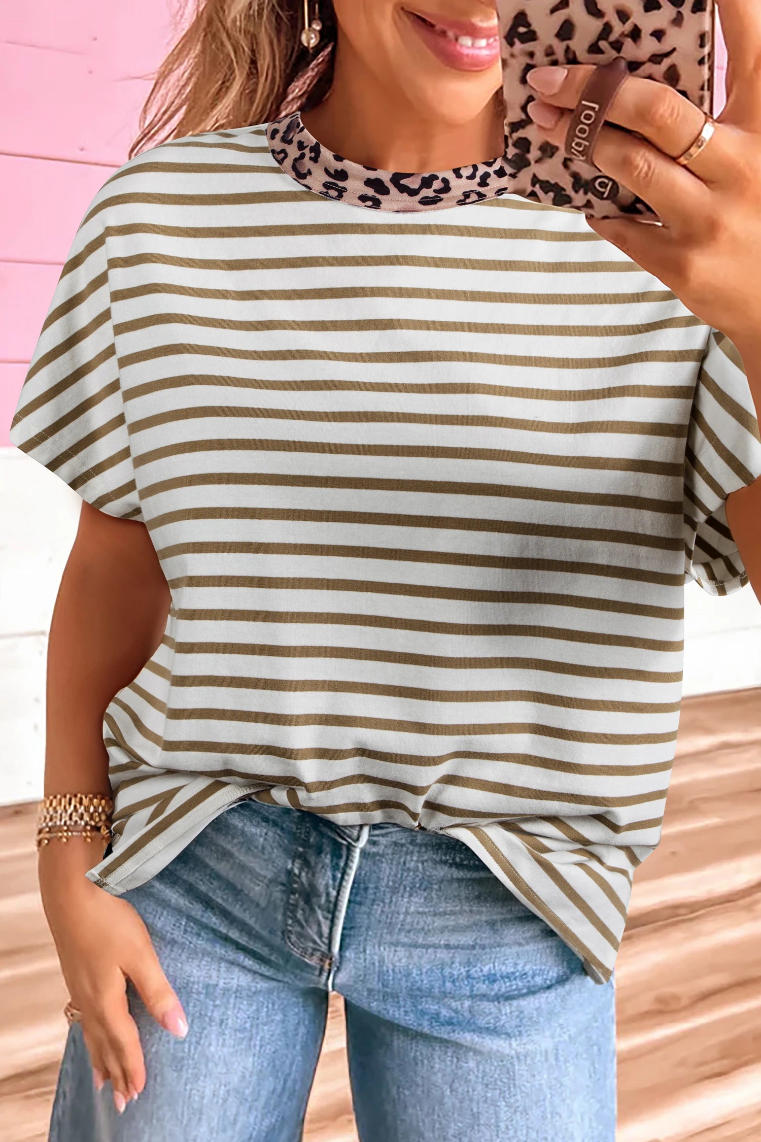 Leopard Neck Striped Tee