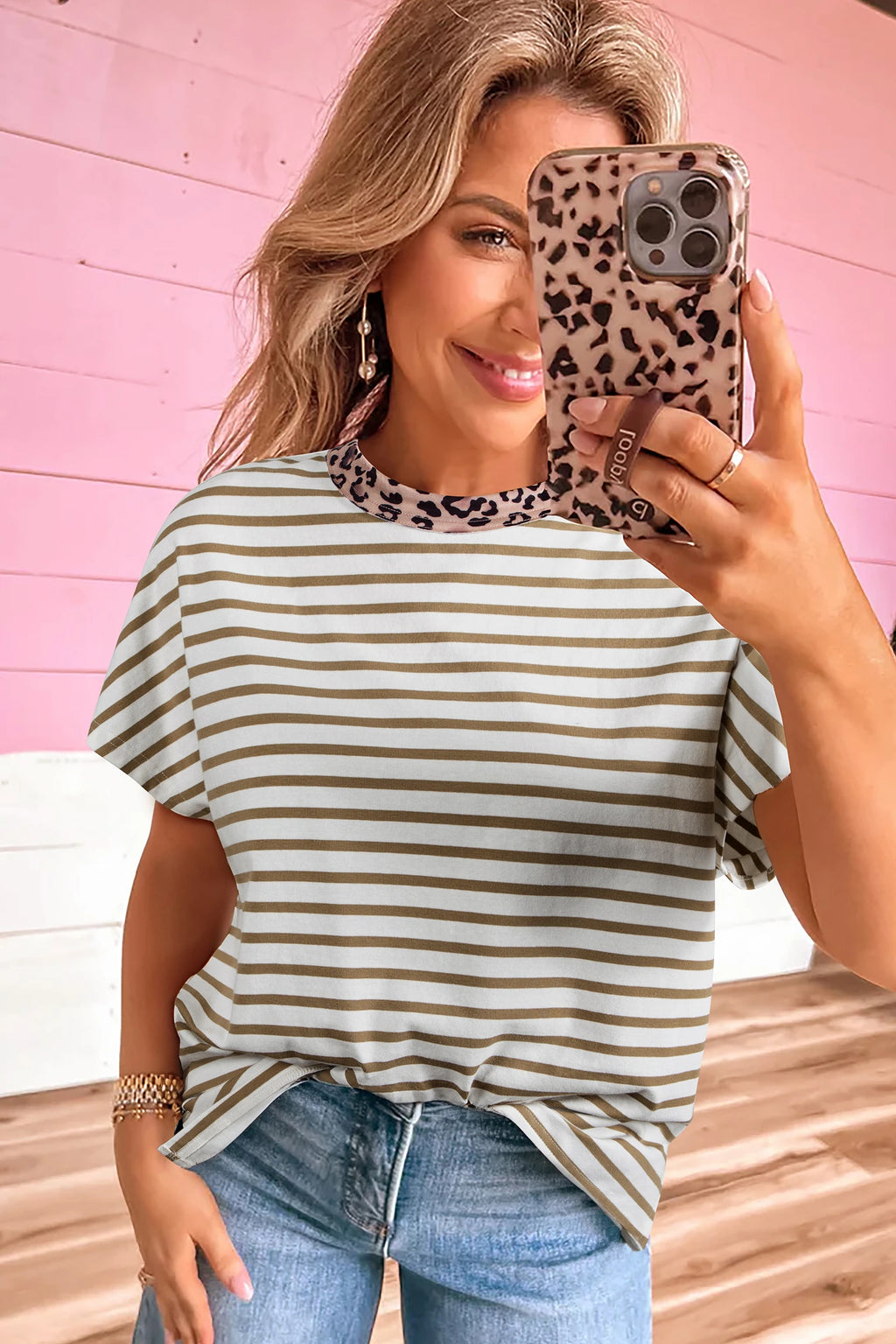 Leopard Neck Striped Tee