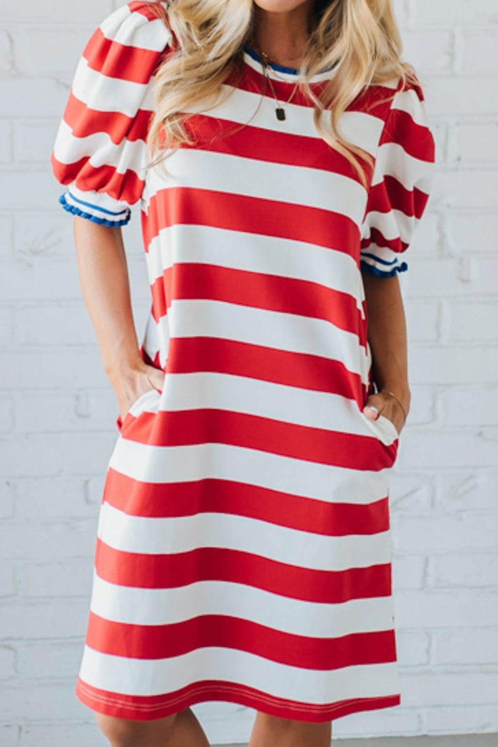 Red Stripe Contrast Trim Round Neck Short Puff Sleeve Shift Mini Dress