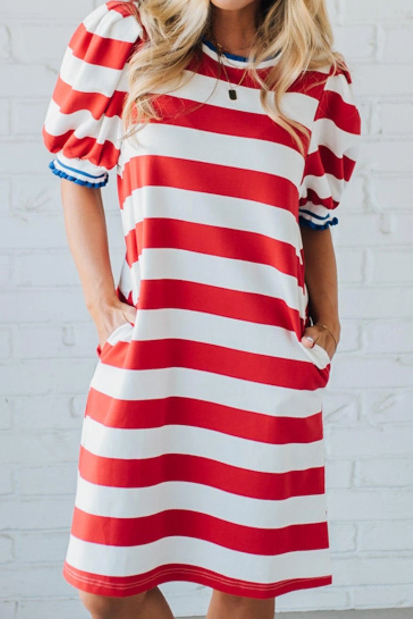 Red Stripe Contrast Trim Round Neck Short Puff Sleeve Shift Mini Dress