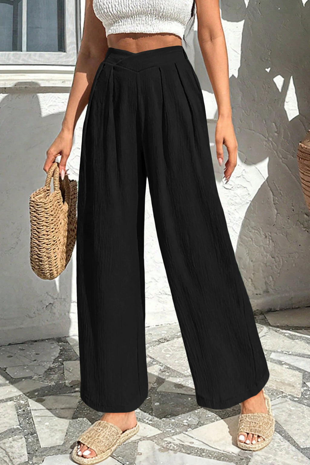 black Solid Color Textured Crossed Waist Loose Pants